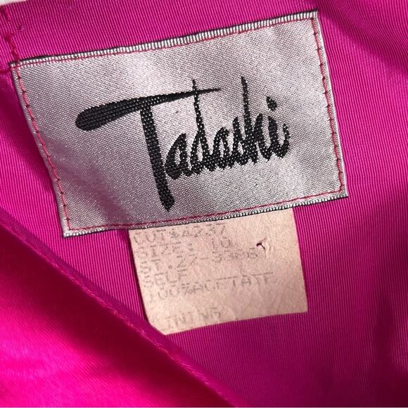 Vintage Tadashi Hot Pink Satin Cocktail Dress Off-Shoulder Gold Buttons Size 10 - Picture 5 of 8